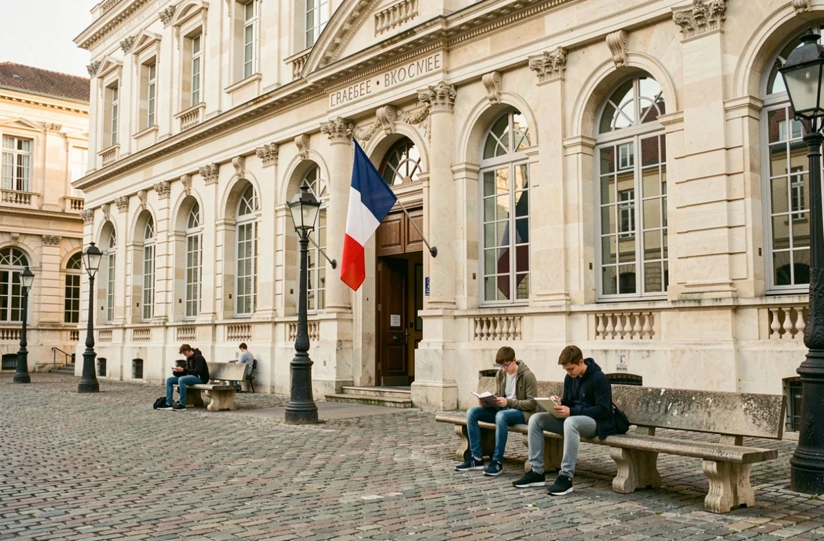 Façade néoclassique du lycée public Ozenne à Toulouse avec cour pavée et élèves révisant