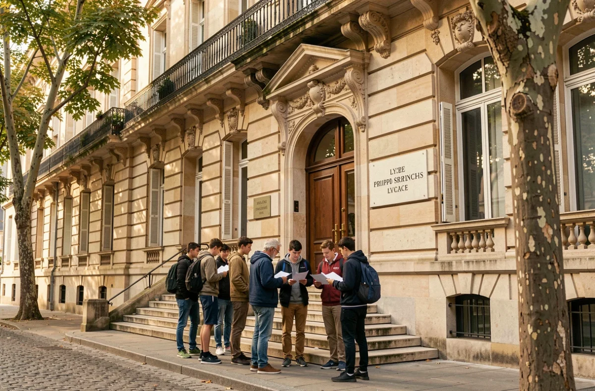 Bâtiment classique du lycée public Pierre de Fermat à Toulouse avec élèves sur les marches d'entrée