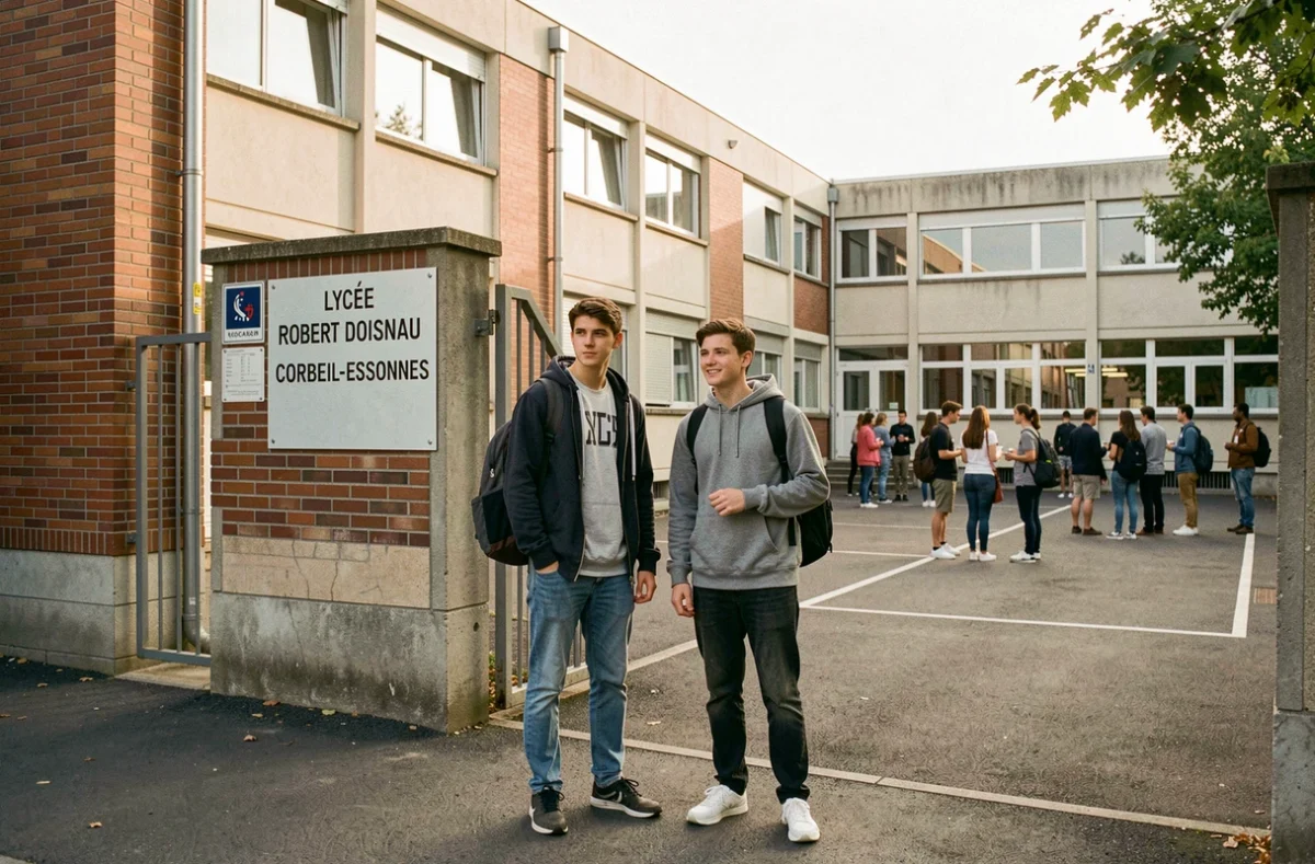 Lycée Robert Doisneau à Corbeil-Essonnes avec des élèves devant l'entrée de l'établissement