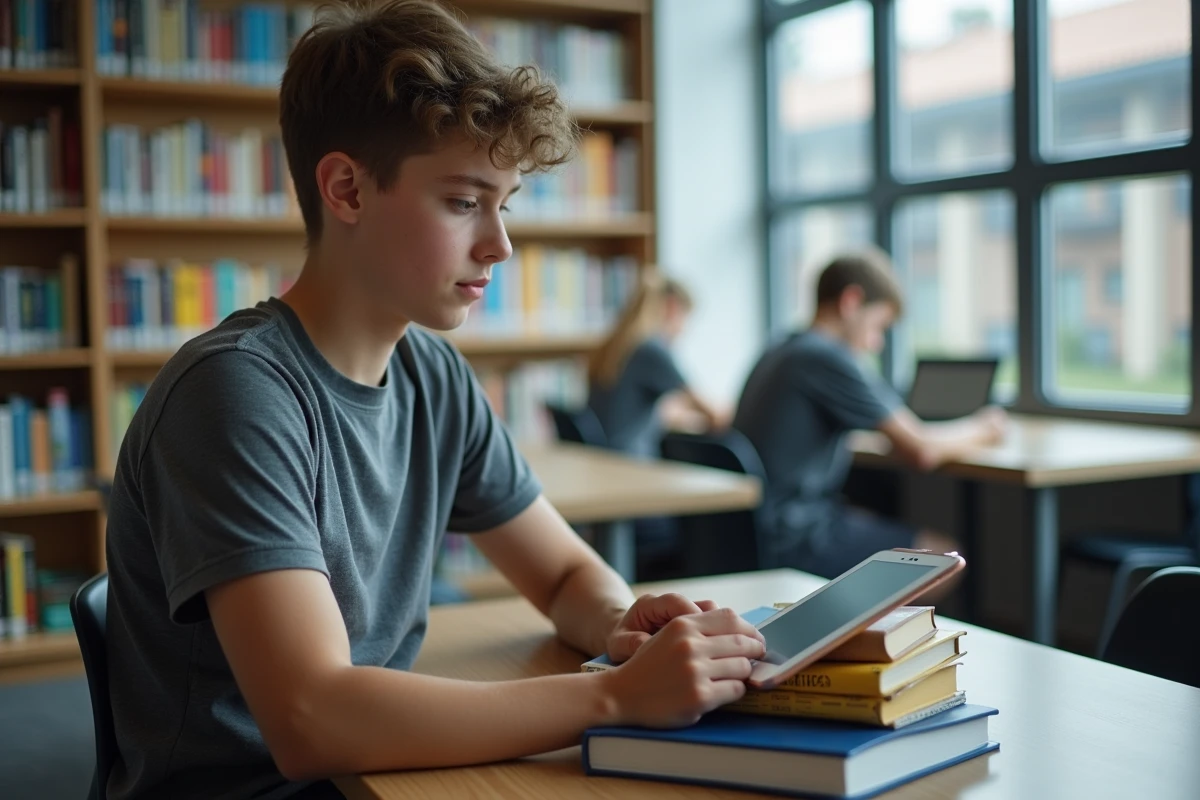 Lycéen consultant la messagerie de Monlycée PSN sur une tablette dans une bibliothèque scolaire