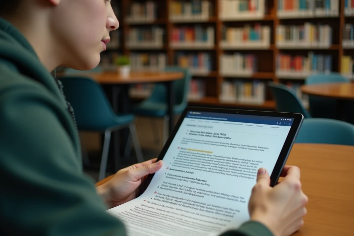 Lycéen comparant son récapitulatif de candidature CAP signé avec la confirmation d'inscription en ligne sur une tablette en bibliothèque