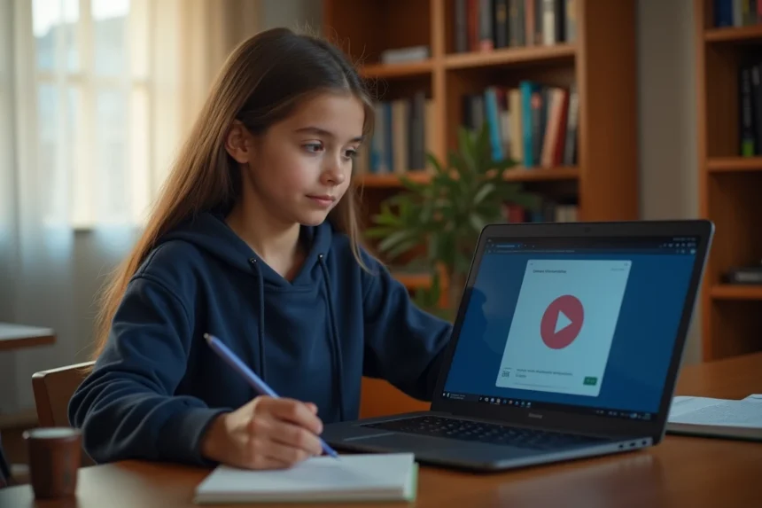Lycéenne suivant un cours en ligne sur la plateforme Monlycée PSN depuis sa chambre sur un ordinateur portable