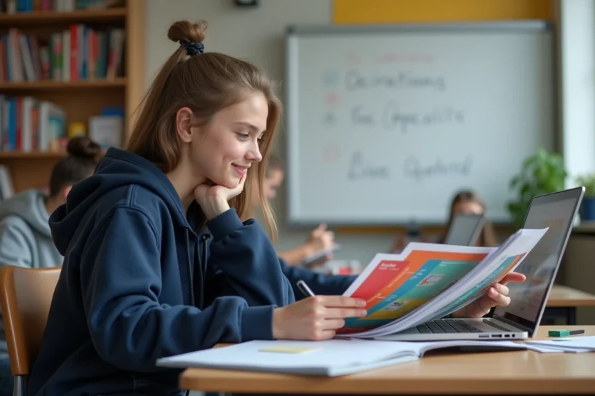 Lycéenne en terminale STMG consultant des brochures d'orientation scolaire sur son bureau dans une salle de classe moderne