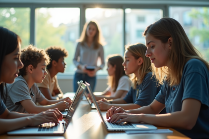 Lyceens en classe moderne avec ordinateurs et tablette