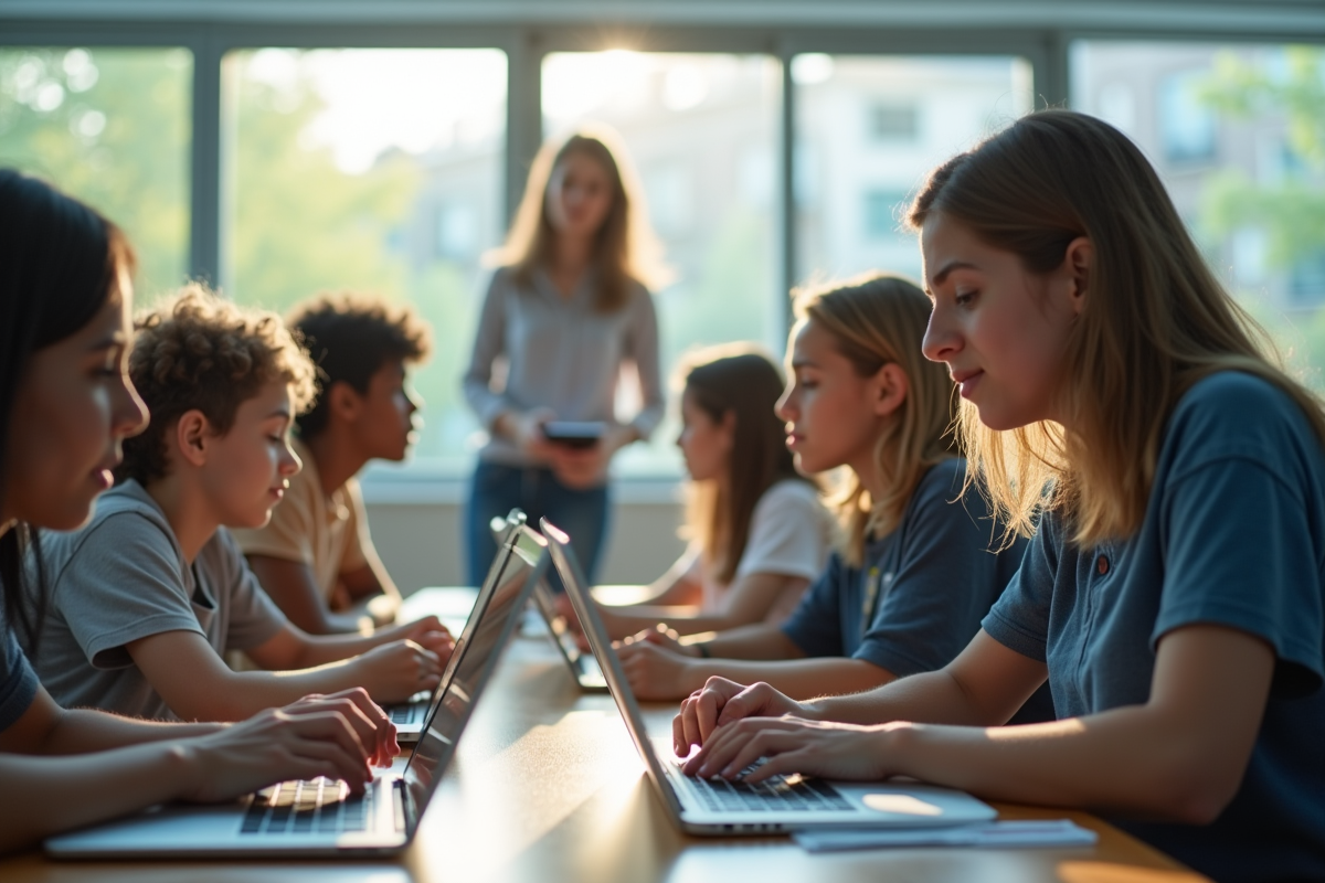 Lyceens en classe moderne avec ordinateurs et tablette