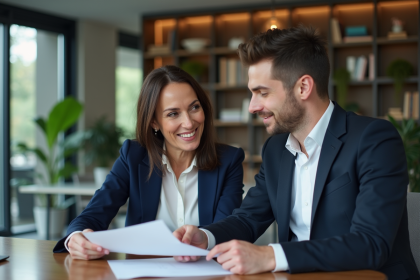 Manager femme en blazer navy avec collègue au bureau