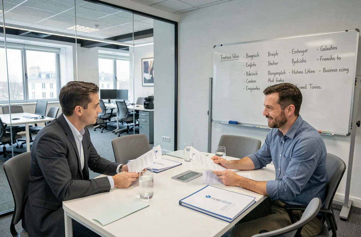 Session de formation en anglais professionnel avec un formateur natif et deux cadres dans une salle de réunion parisienne