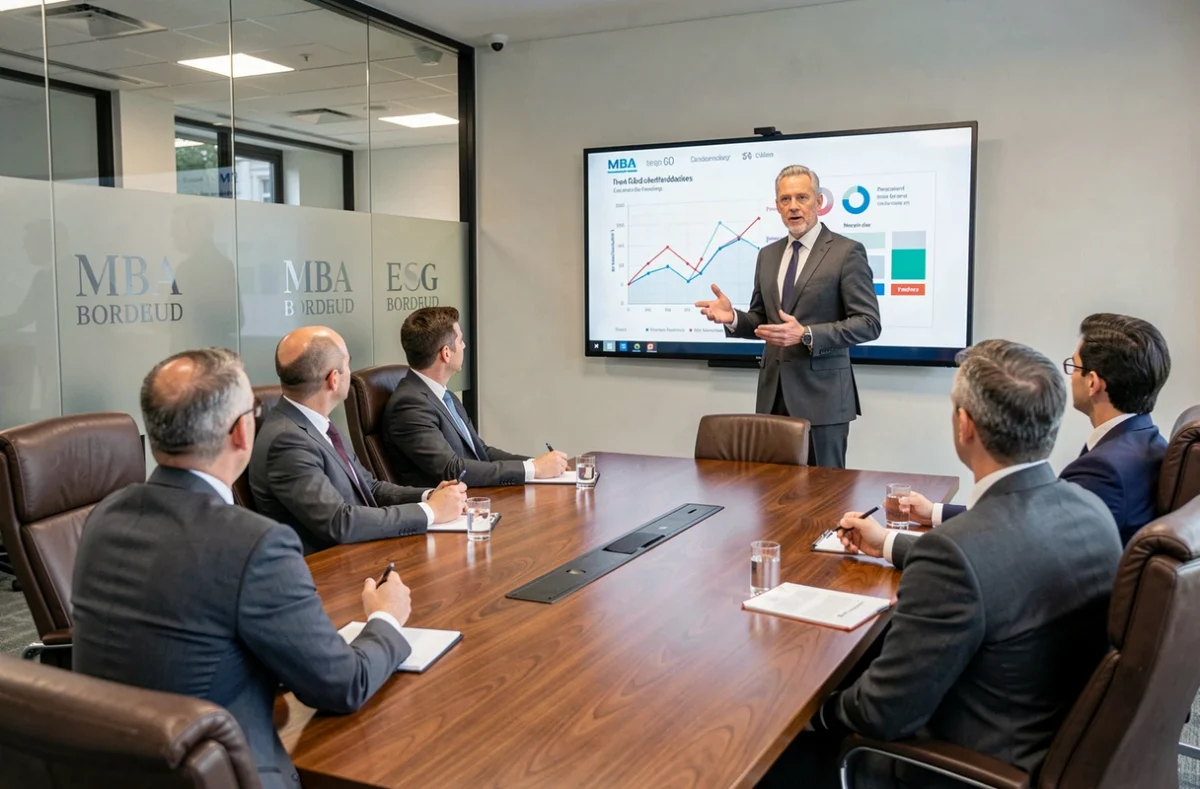 Participant au MBA ESG Bordeaux présentant une stratégie d'entreprise devant un groupe en salle de conférence