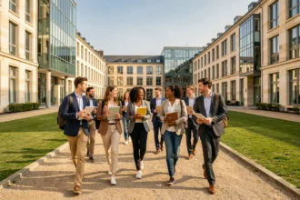 Étudiants en école de commerce marchant sur un campus universitaire moderne en Gironde