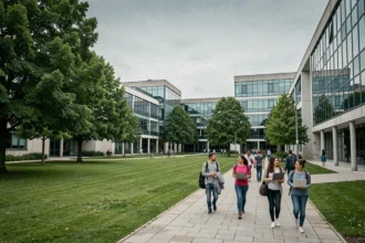 Vue d'ensemble d'un campus universitaire informatique en Essonne avec étudiants et bâtiments modernes