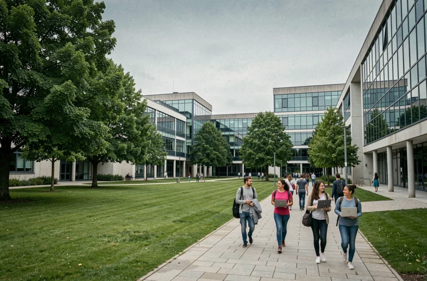 Vue d'ensemble d'un campus universitaire informatique en Essonne avec étudiants et bâtiments modernes