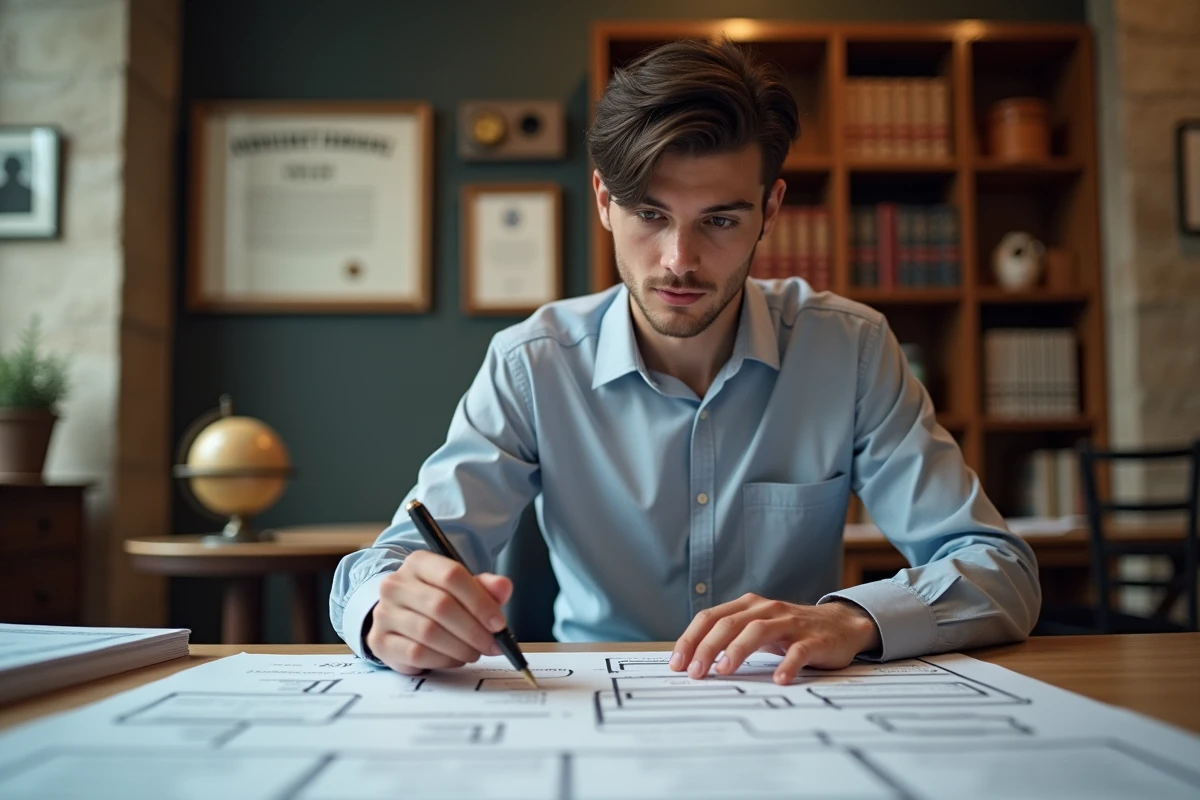 Étudiant des Mines Paris – PSL examinant un diagramme d'architecture système dans un bureau de recherche parisien