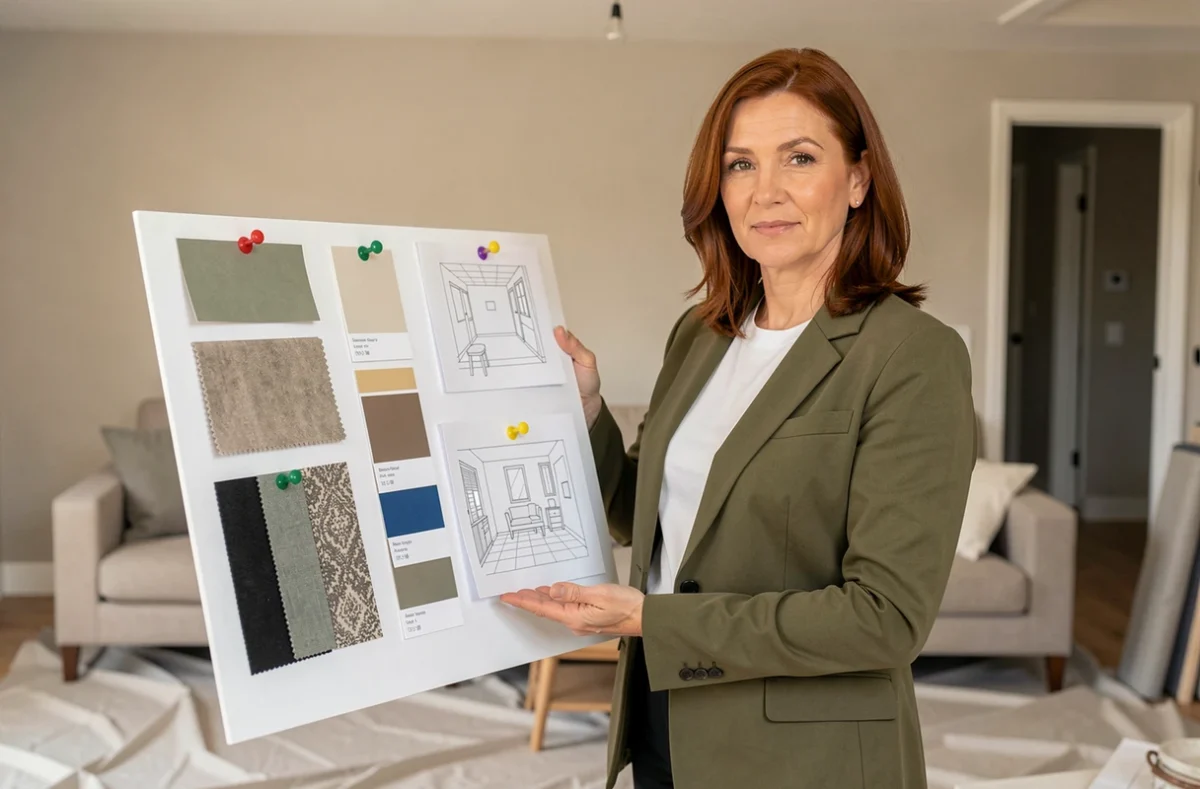 Femme en reconversion présentant un moodboard de décoration intérieure dans un appartement en cours d'aménagement