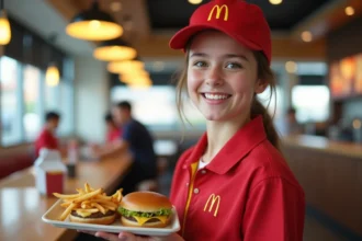 Employé de McDonald's en uniforme servant des clients dans un restaurant rapide
