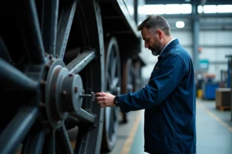 Wagoniste effectuant l'entretien d'un wagon ferroviaire