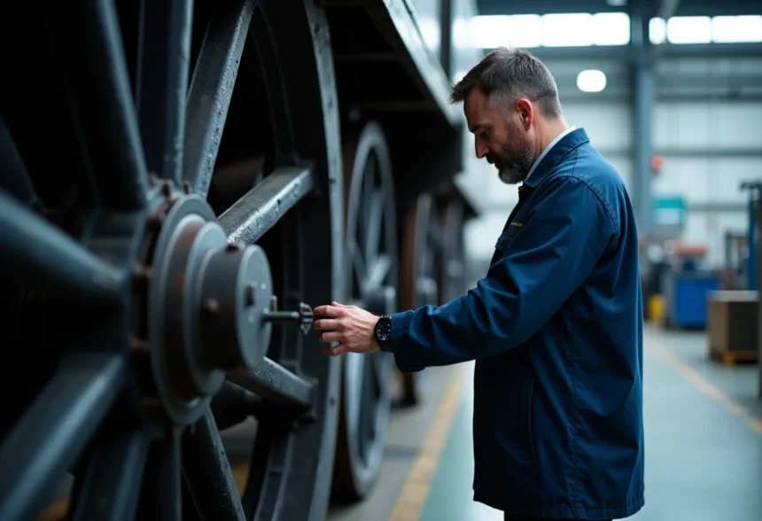 Wagoniste effectuant l'entretien d'un wagon ferroviaire