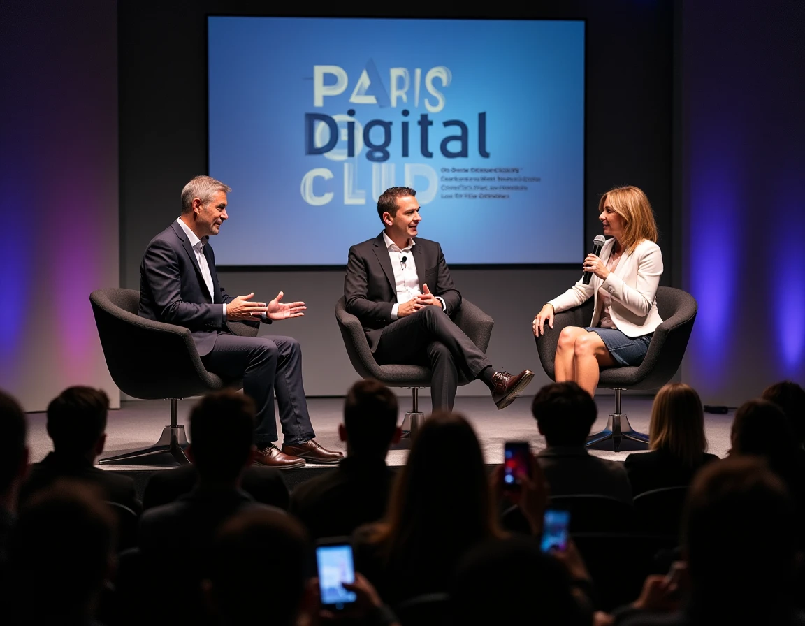 Panel de trois conférenciers experts sur scène lors du Paris Digital Club, devant un public de professionnels en formation