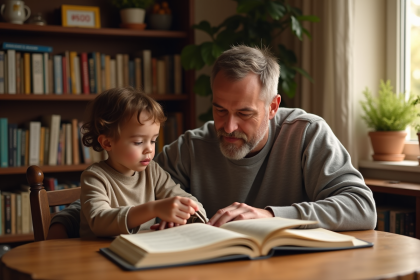 Père et enfant lisant un livre dans une ambiance chaleureuse