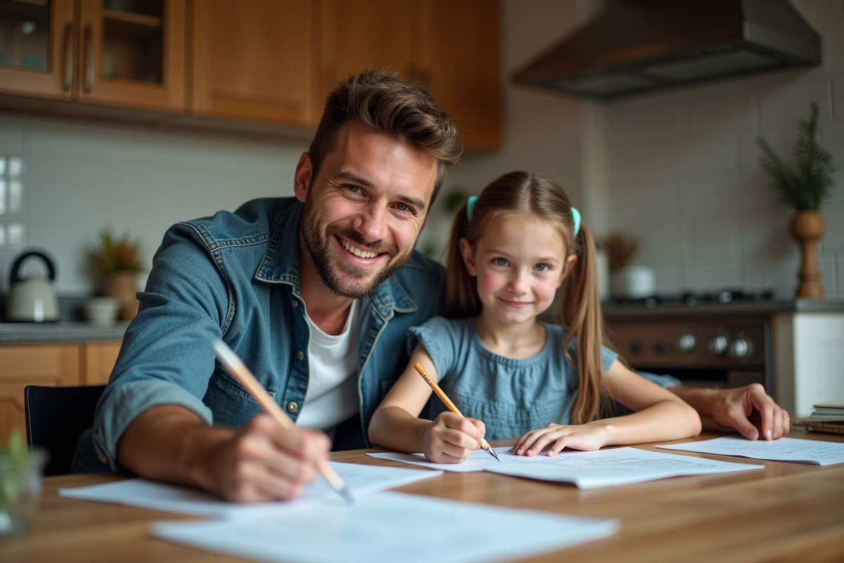 Père et fille remplissant des formulaires à la maison