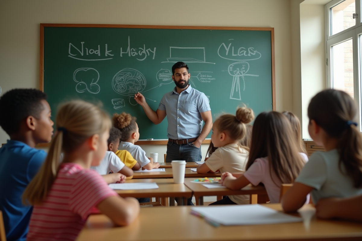 Père enseignant à des enfants dans une classe lumineuse