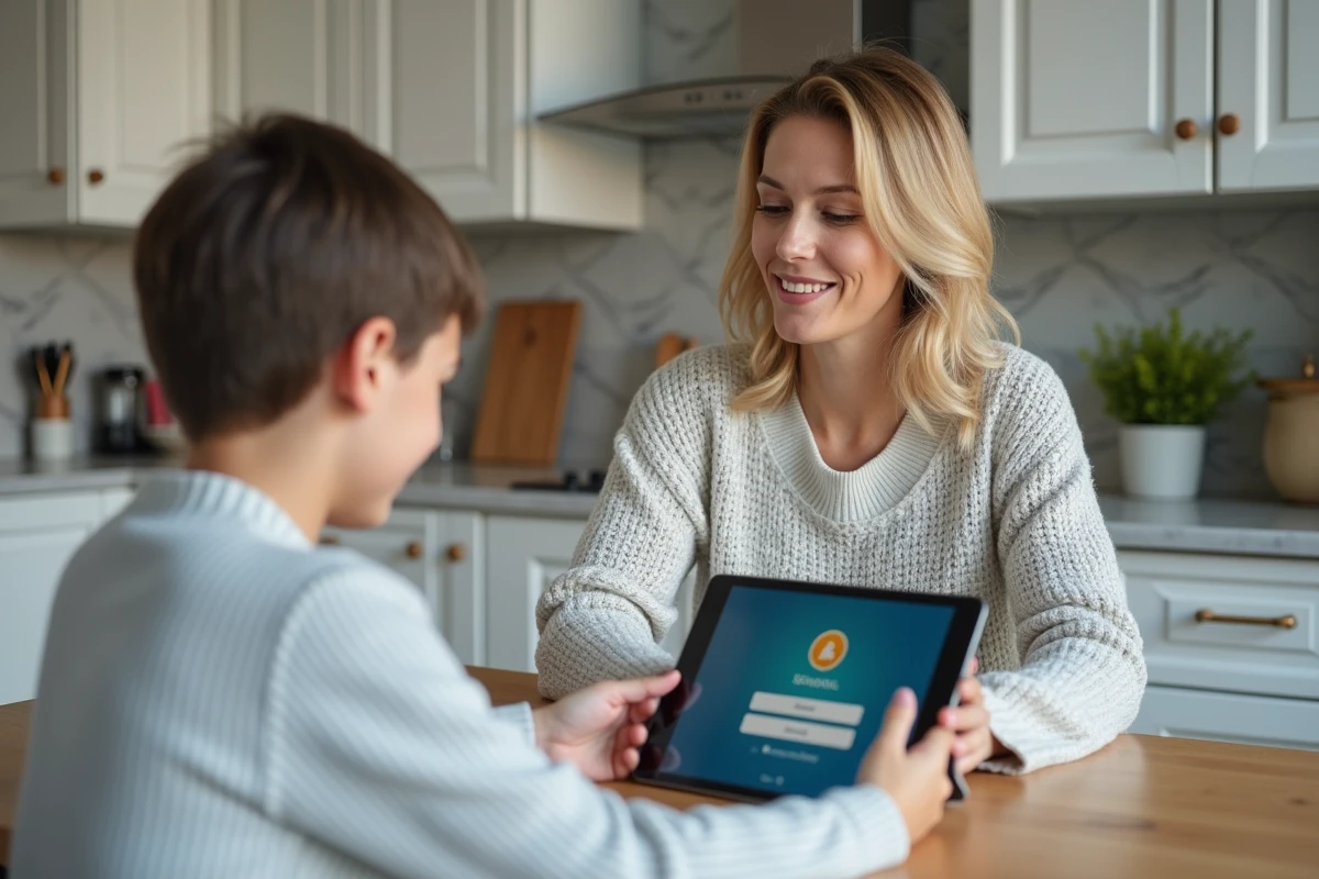 Mère aidant son enfant à se connecter à l'espace numérique scolaire depuis la cuisine