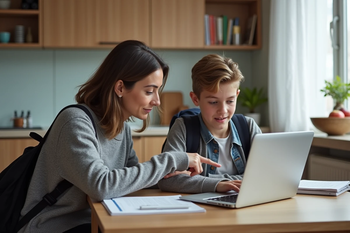 Mère et fils adolescent consultant ensemble le suivi des devoirs sur un ordinateur portable via Scolinfo dans une cuisine moderne