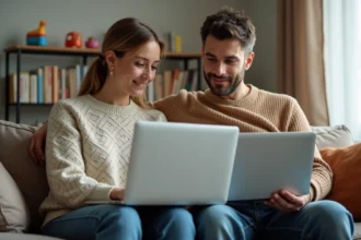 Parents utilisant un site éducatif sur leur ordinateur à la maison