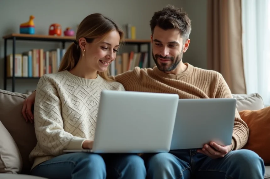 Parents utilisant un site éducatif sur leur ordinateur à la maison