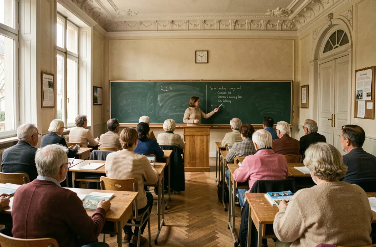 Cours municipal d'anglais pour adultes dans une salle de classe parisienne classique avec tableau vert et groupe d'apprenants diversifiés