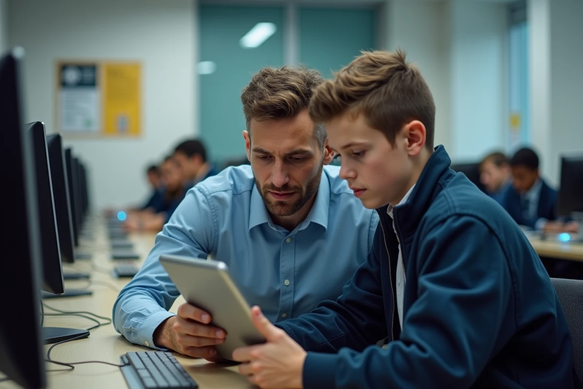 Pere et fils en apprentissage avec une tablette dans un labo scolaire