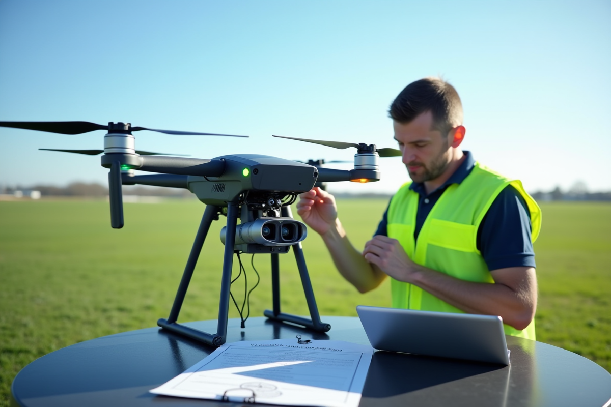 Pilote en gilet haute visibilité vérifiant un drone en plein air