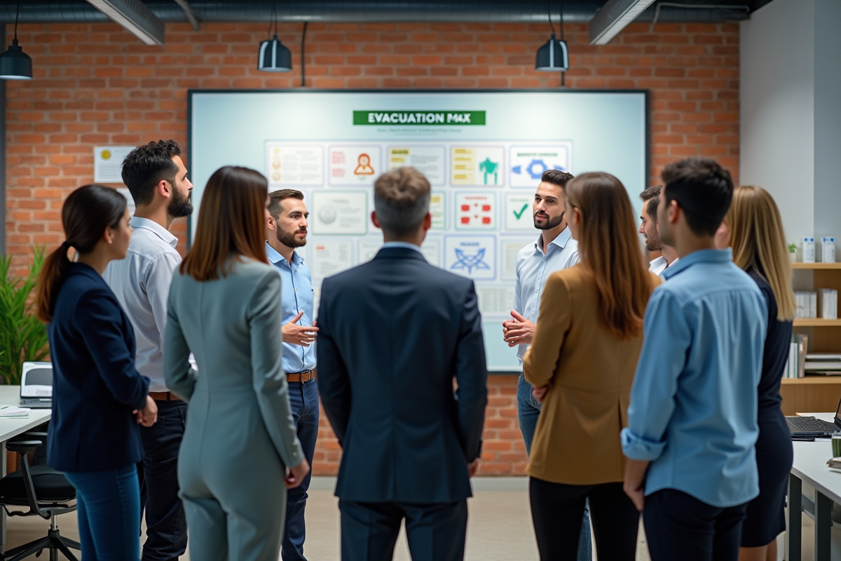 Groupe d employés discutant du plan d evacuation