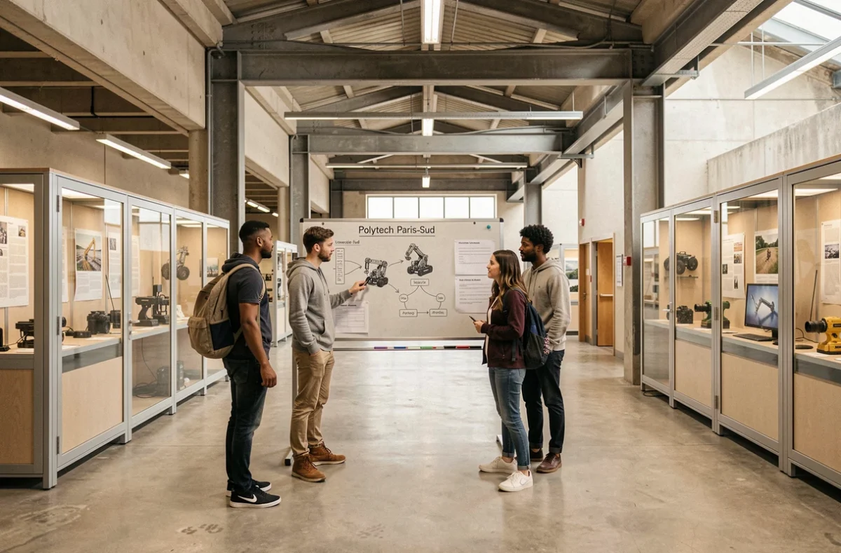 Étudiants de Polytech Paris-Sud présentant un projet d'ingénierie informatique dans le hall de l'école