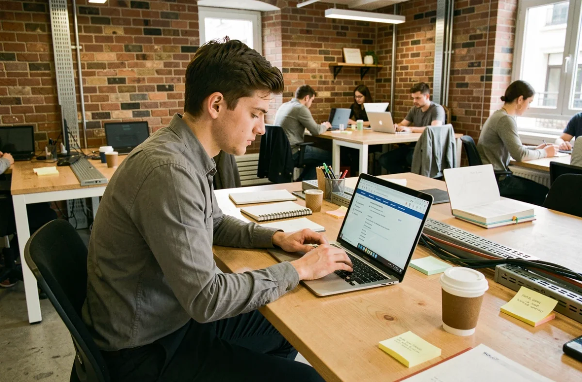 Jeune homme préparant son dossier de candidature pour une alternance marketing digital dans un espace de coworking parisien