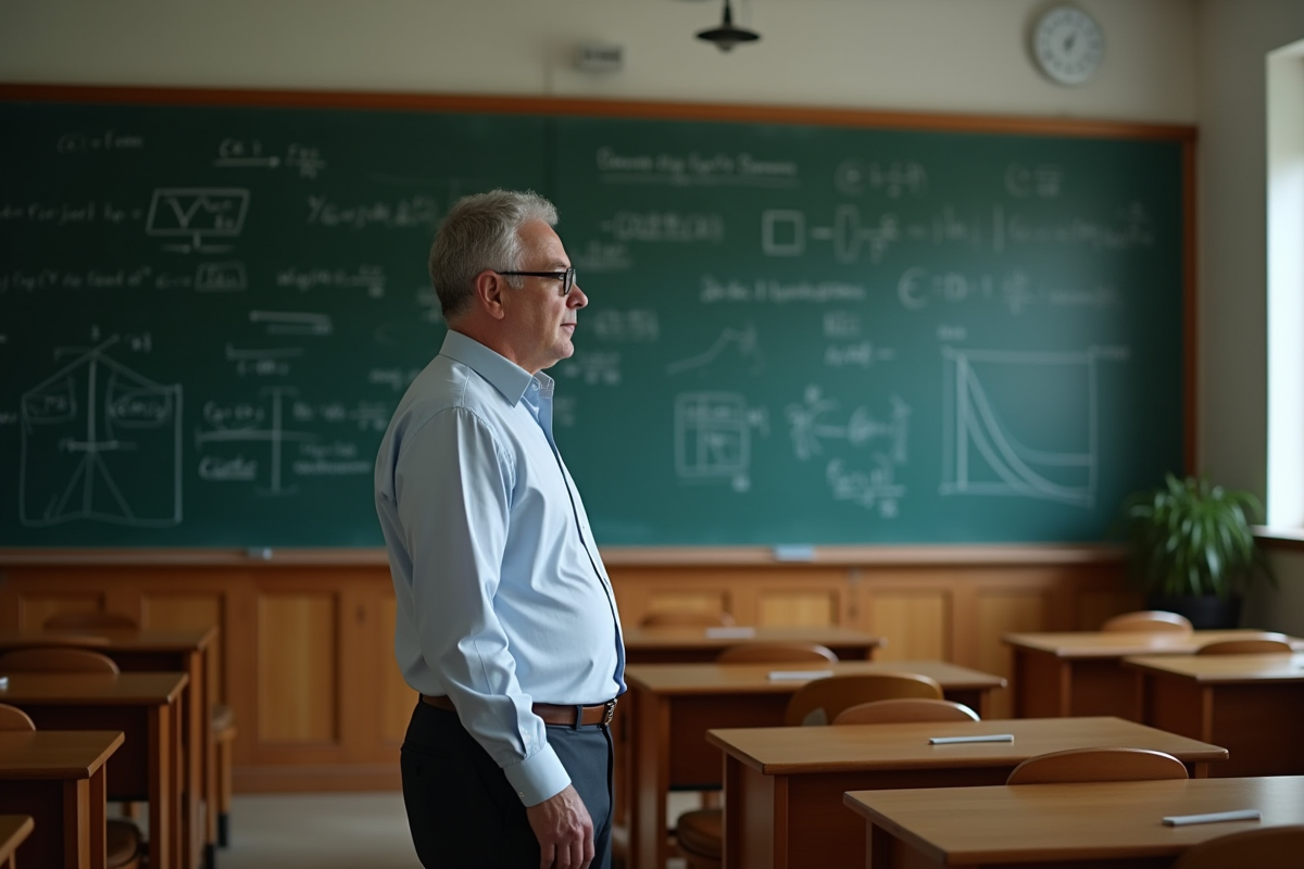 Professeur dans une salle de cours avec tableau d equations