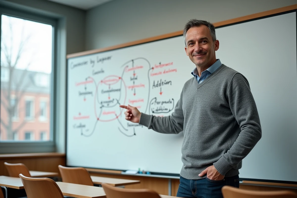 Professeur expliquant les catégories de connecteurs logiques sur un tableau blanc dans une salle de cours universitaire