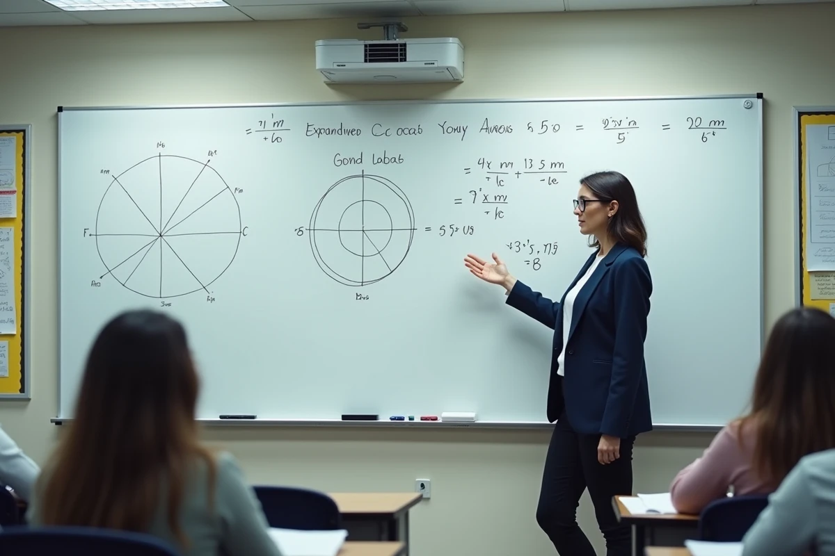 Professeure de mathématiques expliquant la formule trigonométrique cos cos sin sin devant un tableau blanc avec cercle trigonométrique