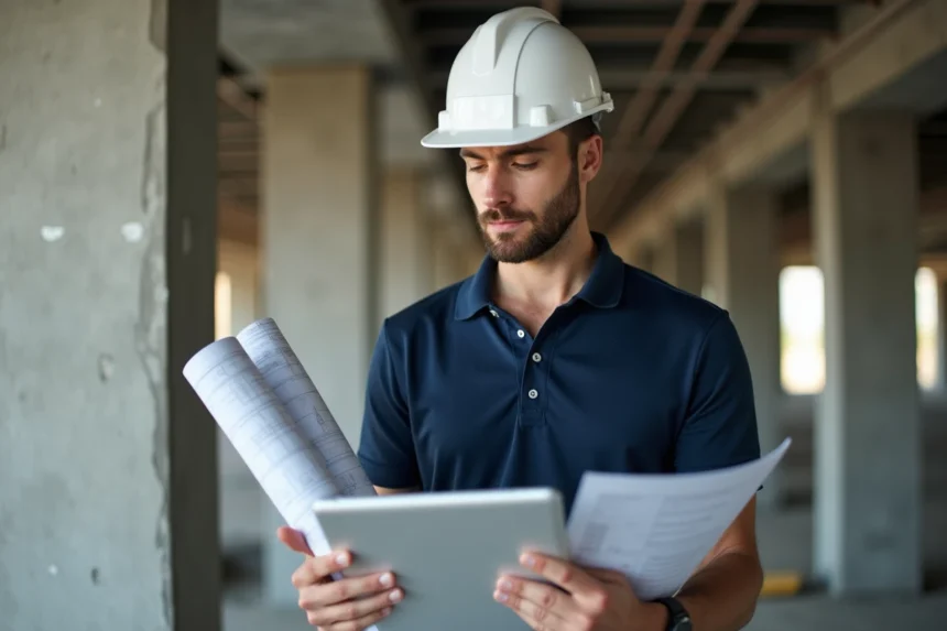 Jeune professionnel du BTP consultant un plan de construction sur chantier avec casque de sécurité