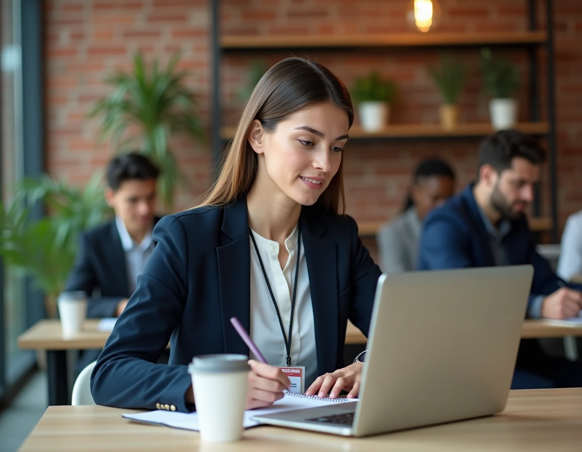 Jeune professionnelle prenant des notes lors d'une conférence digitale dans un espace de co-working parisien moderne