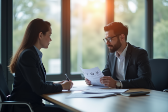 Deux professionnels d'affaires comparant des documents dans un bureau moderne