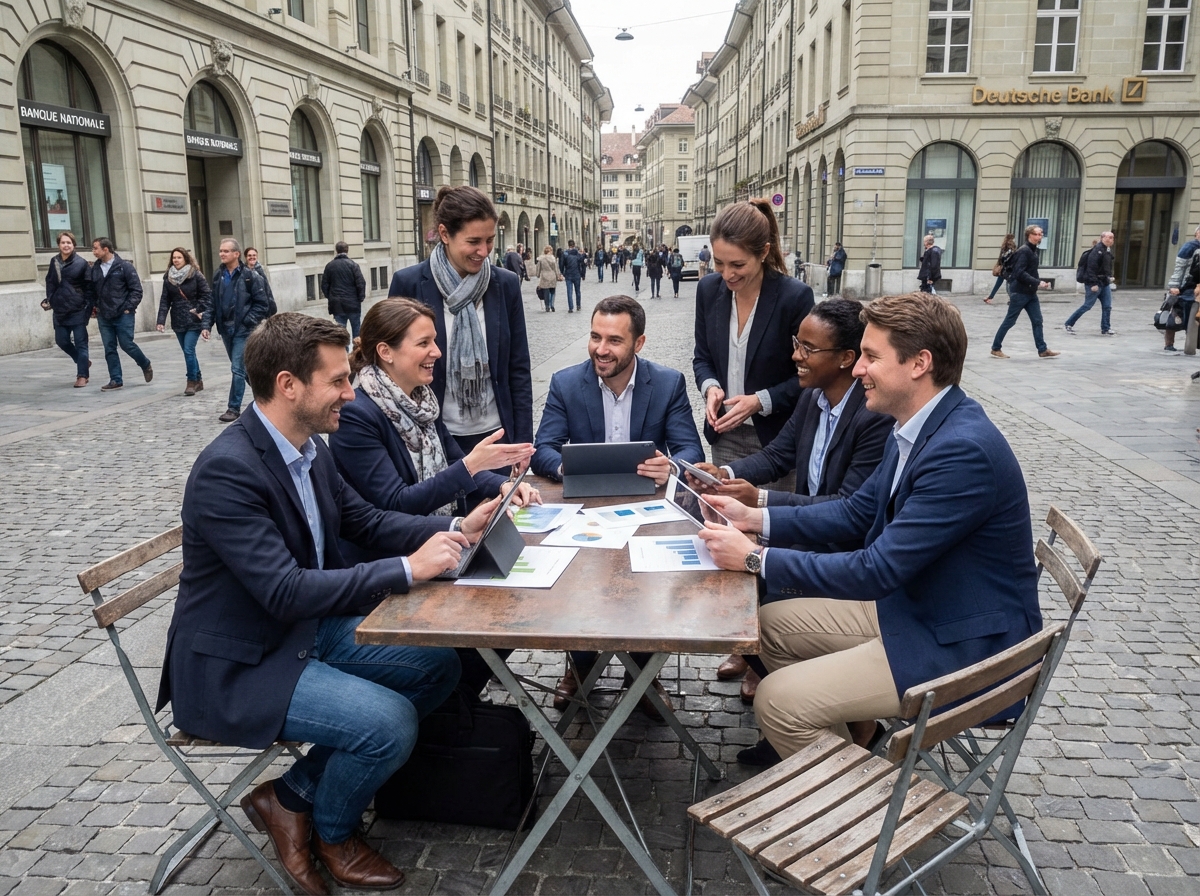 Groupe de professionnels discutant dans un café en ville