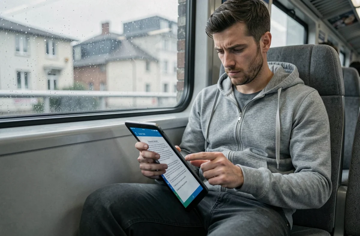 Homme révisant les questions de code de la route en PDF sur tablette dans le train