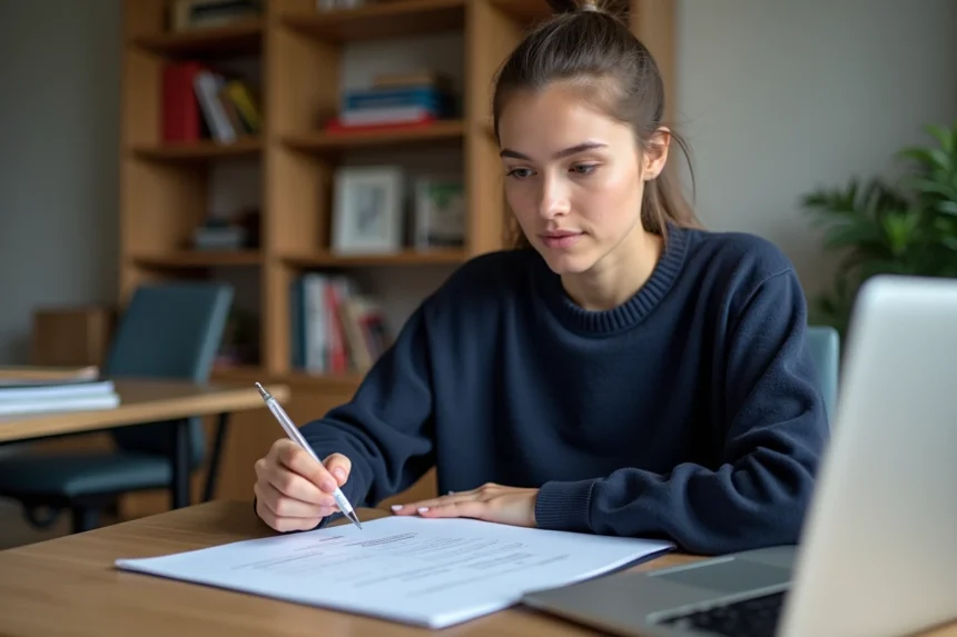 Jeune femme révisant un récapitulatif de candidature signé pour une inscription CAP en ligne à son bureau