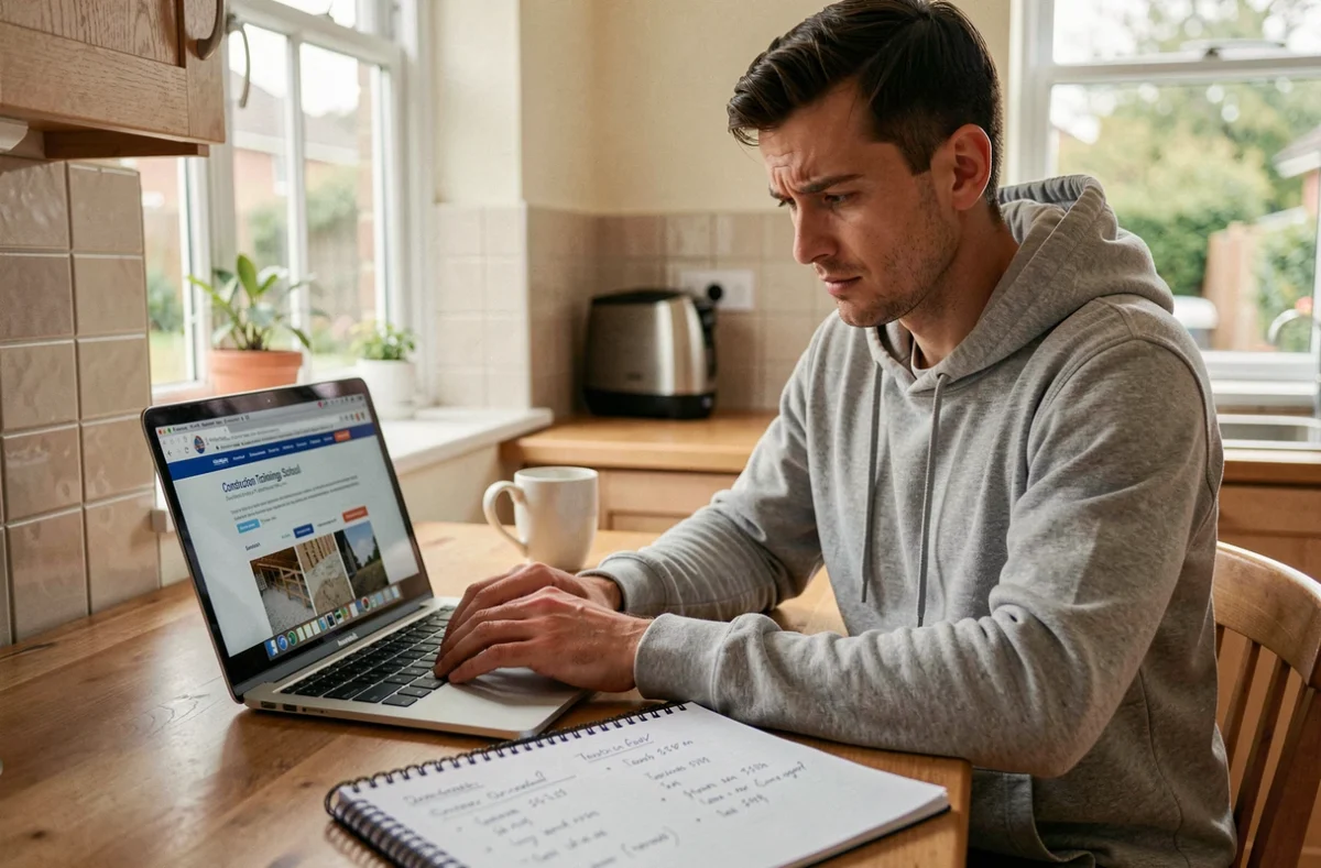 Homme consultant en ligne les prix des formations en travaux depuis son domicile avec des notes manuscrites