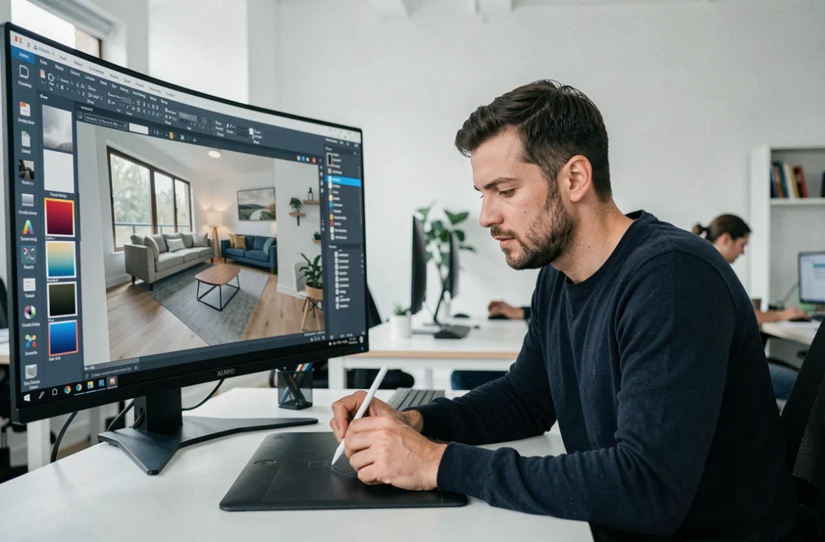 Jeune homme en reconversion professionnelle suivant une formation design sur logiciel 3D dans un espace de coworking moderne