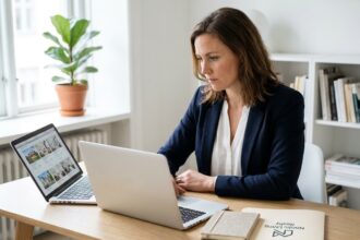Femme en reconversion professionnelle travaillant comme mandataire immobilier depuis son bureau à domicile