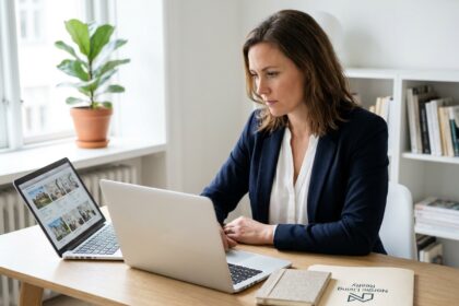 Femme en reconversion professionnelle travaillant comme mandataire immobilier depuis son bureau à domicile