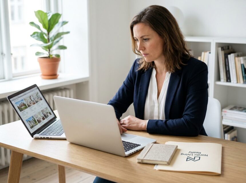 Femme en reconversion professionnelle travaillant comme mandataire immobilier depuis son bureau à domicile