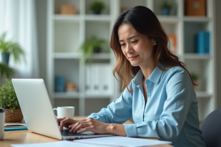 Femme réalisant sa réinscription France Travail en ligne sur un ordinateur portable à son bureau à domicile