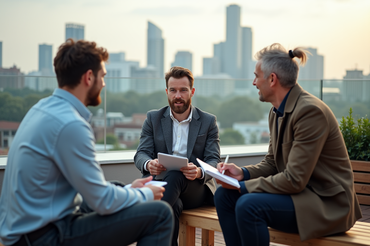 Groupe de managers en réunion sur une terrasse urbaine
